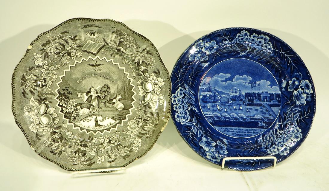 TWO TRANSFER WARE COMMEMORATIVE PLATES: Two Transfer Ware Commemorative Plates: One, marked "Millennium" decorated in transfer in the manner of Edward Hicks' Peaceable Kingdom; the other, stamped Clee's Warranty, Staffordshire, i