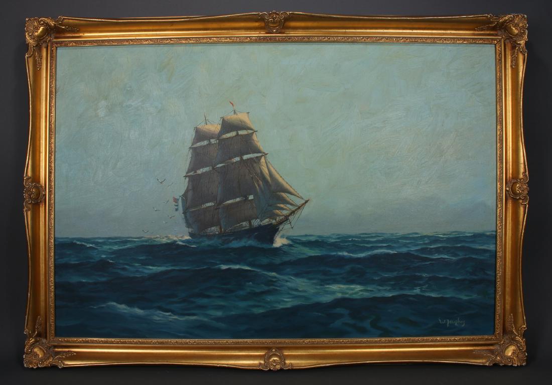 "W. HUGHES" SIGNED SEASCAPE ATTRIB AMUNDSEN: "W. Hughes" Signed Seascape Attrib Amundsen: A ship under full sail on the high seas by W. Hughes. W. Hughes was an alias for C Hjalmar Amundsen. 40" X 28&q
