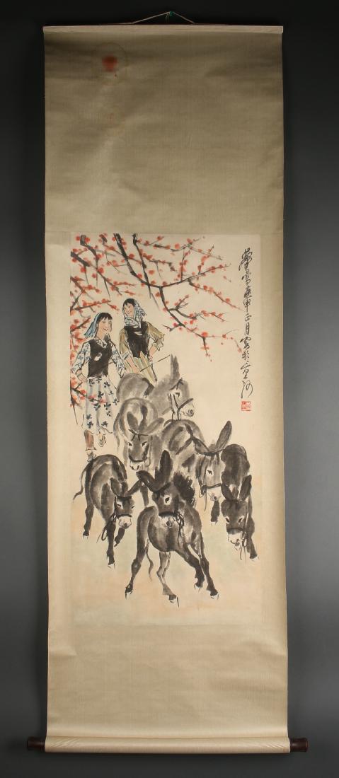 SCROLL OF FARM GIRLS WITH DONKEYS: Scroll Of Farm Girls With Donkeys: Farm girls lead their donkeys down a path under flowering cherry blossoms. Calligraphy and artist seal on right. Sight 18 3/4" X 37