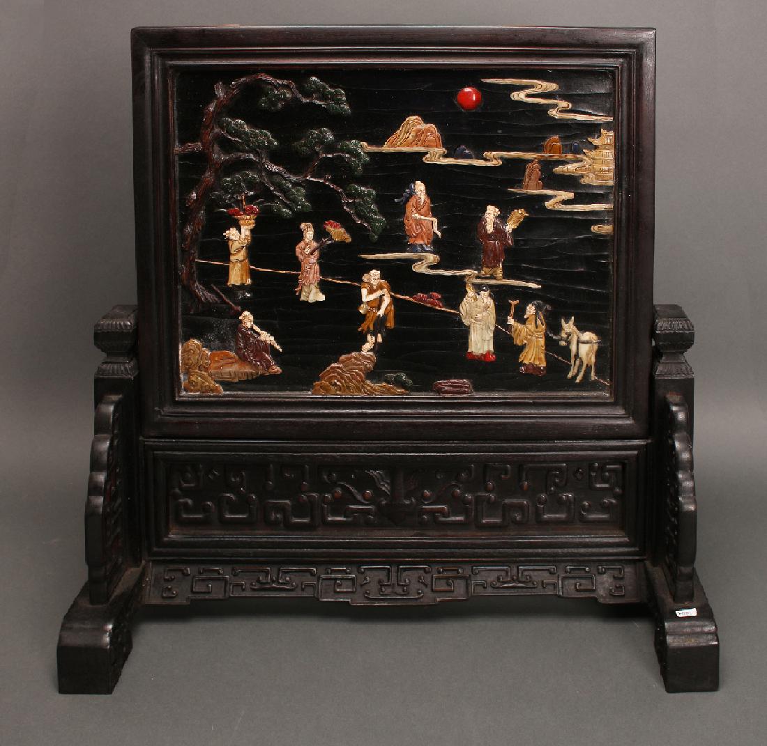WOODEN TABLE SCREEN WITH VILLAGE SCENE (1 of 10)