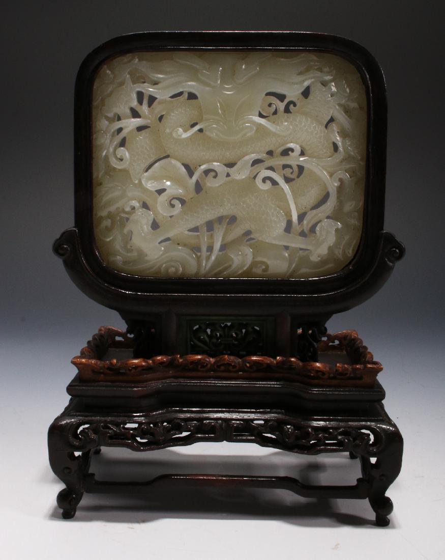 CHINESE WHITE JADE DRAGON TABLE SCREEN (1 of 10)