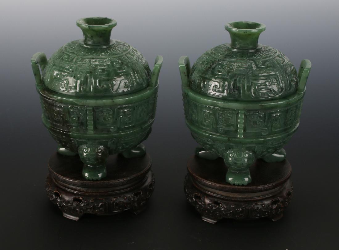 CHINESE PAIR OF GREEN JADE CENSERS ON STANDS (1 of 10)