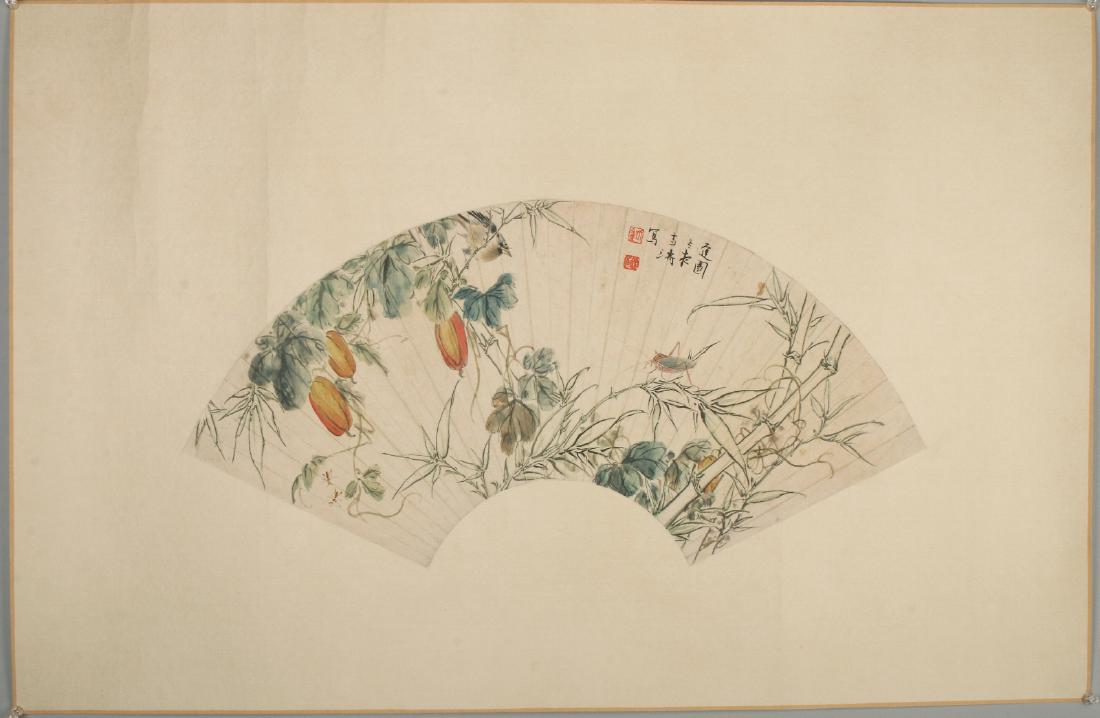 FAN PAINTING OF BIRD IN VINES: Fan Painting Of Bird In Vines: A painting of a fan with a cricket and songbird on vines. The cricket perches on a bamboo stalk overseen by a songbird sitting on a gourd vine. Bees hover nearby. Callig