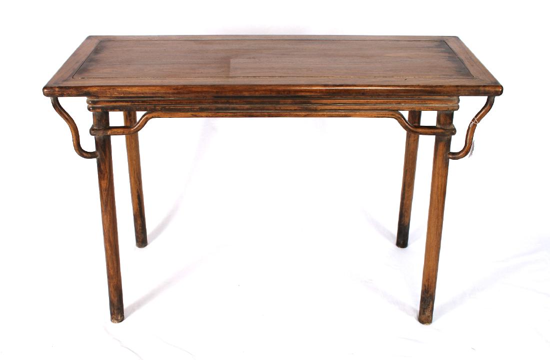 HUANGHUALI PAINTING TABLE: Huanghuali Painting Table: Half round banded apron, with round mitered inset top, highly grained. Giant arm braces support the top of the huanghuali table. 47" X 18
