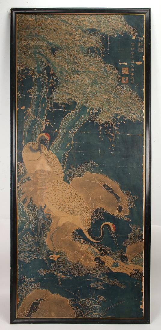 WOOD BLOCK PRINT OF CRANES: Wood Block Print Of Cranes: A pair of cranes by a river under pine trees. Great detail and texture. Boulders and ruyi shaped flowers are at the bottom. Delicate leafs and tendrils hang from the pine n
