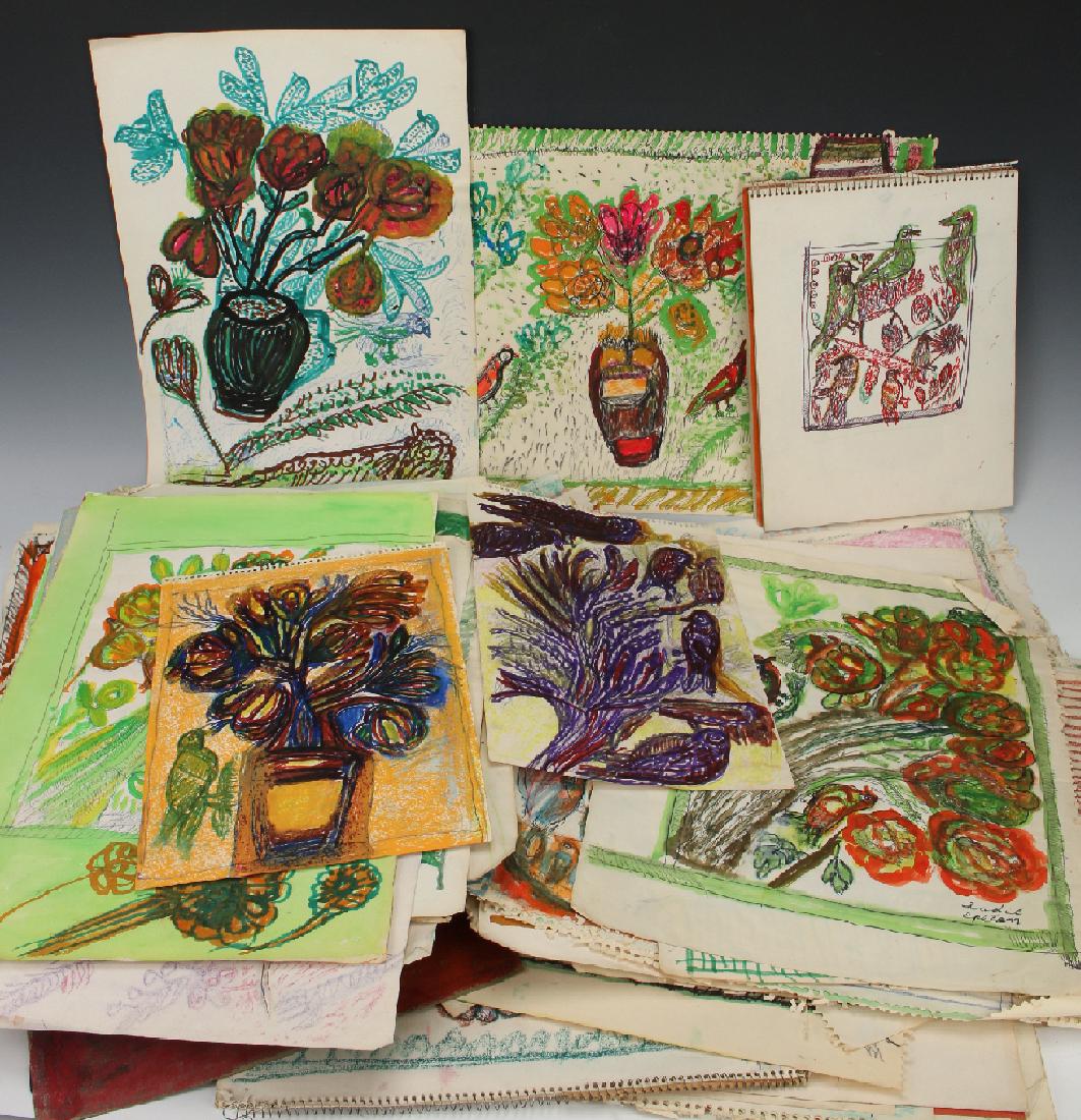 FOLK ART PORTFOLIO BY SADIE EPSTEIN: Folk Art Portfolio By Sadie Epstein: A large selection of Sadie Epstein's bright folk art drawings. Mediums used include pastels, colored pencils, crayons, and tempera paint. There are many individual