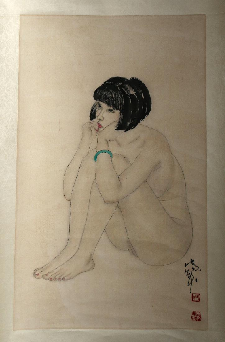 SCROLL OF NUDE WOMAN HUGGING KNEES: Scroll Of Nude Woman Hugging Knees: A young woman sits wearing only a black bob haircut and a green jade bracelet. She has pink nail and toenail polish. Calligraphy and artist seal on lower right.