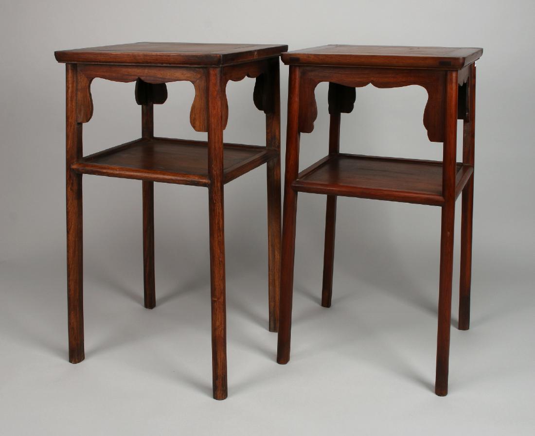 NEAR PAIR HUANGHUALI END TABLES: Near Pair Huanghuali End Tables: Two almost similar Huanghuali two tiered end tables with a mitered, through tenon top. Highly figured with a curved apron. 16 1/2" X 14