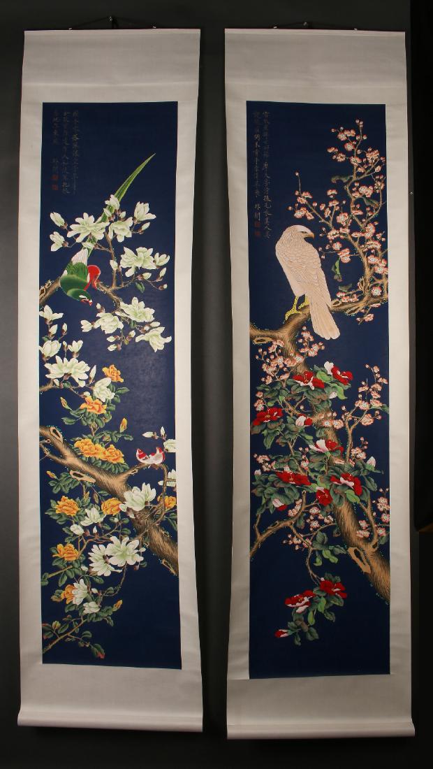 PAIR OF SCROLLS OF BIRDS IN FLOWERING TREES (1 of 10)