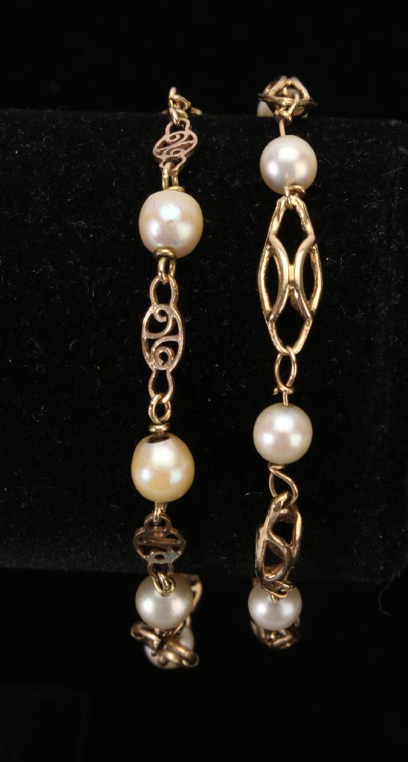 TWO PEARL AND GOLD LINK BRACELETS: Two Pearl And Gold Link Bracelets: One is slightly longer and has seven 6.3mm pearls. The other has seven 5.8mm pearls. Longer: 8 1/8" $300 - $500 Shi