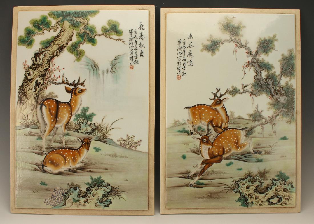 TWO REPUBLIC PERIOD PORCELAIN DEER PLAQUES: Two Republic Period Porcelain Deer Plaques: One plaque has a pair of stags frolicking in a field, a boulder and tree complete the scene. The other plaque has a stag and doe with a waterfall in the dis