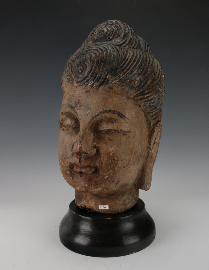 WOOD CARVED BUDDHA HEAD ON STAND (1 of 7)