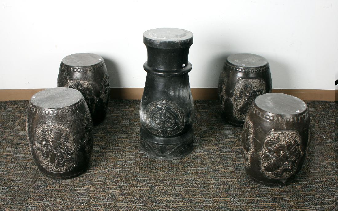 GARDEN SET OF FOUR STONE STOOLS WITH PEDESTAL (1 of 10)