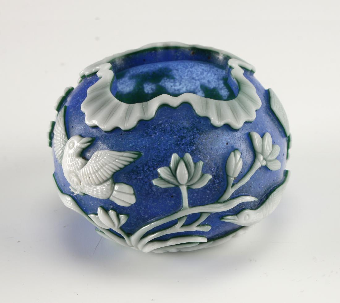 CHINESE CARVED PHOENIX PEKING GLASS BRUSH WASHER: Chinese Carved Phoenix Peking Glass Brush Washer: The inkwell / brush washer is cobalt blue with a white ruffled rim and a carved and incised white phoenix