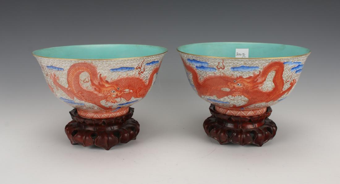 PAIR OF DRAGON BOWLS ON WOODEN STANDS (1 of 7)