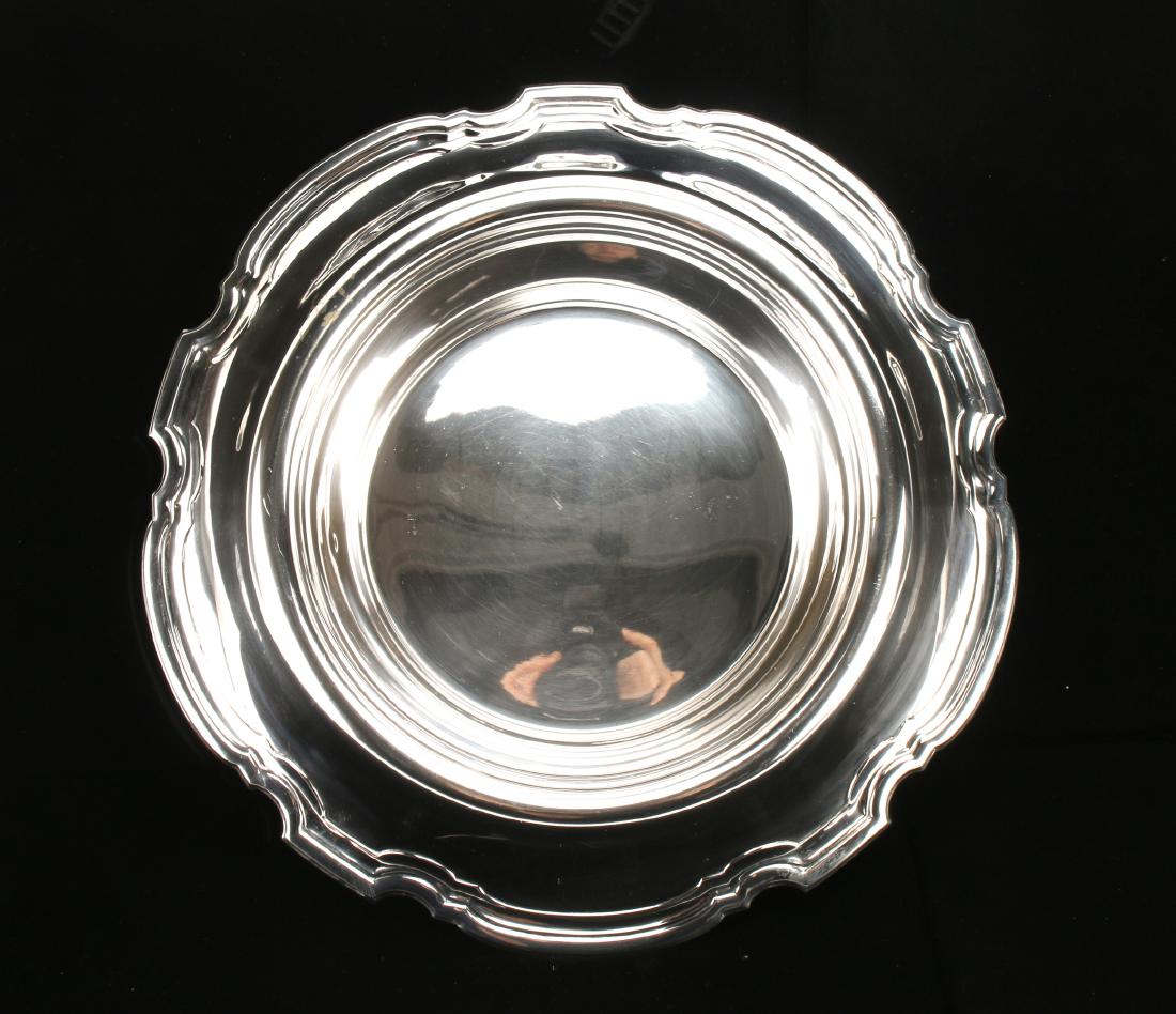 SILVER TIFFANY CENTER PIECE BOWL HAMPTON C. 1934: Silver Tiffany Center Piece Bowl Hampton C. 1934: An impressive low circular bowl with wide turned down rim. Marked Tiffany sterling on the bottom. 12" X 3 1/2"