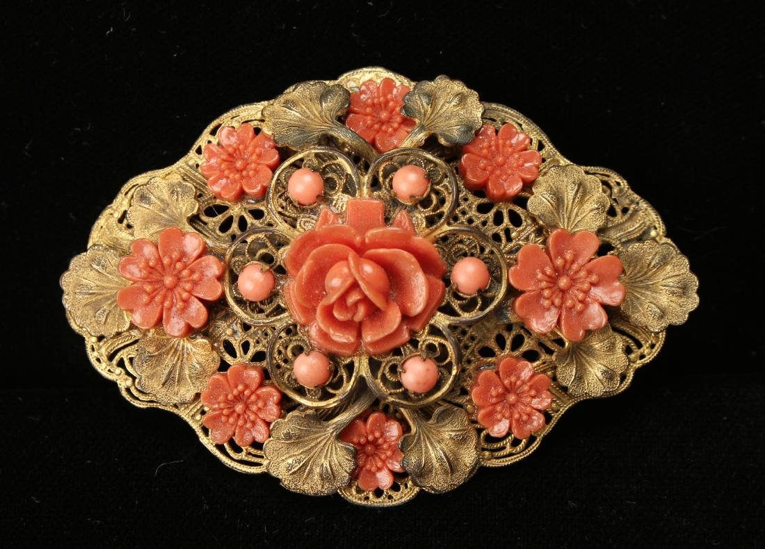 VICTORIAN FILIGREE & CORAL BROOCH PIN (1 of 2)