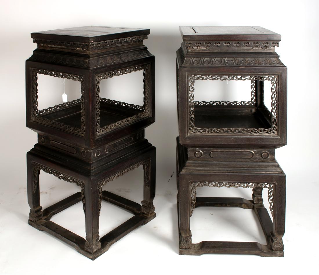 PAIR OF QING ZITAN CARVED & PIERCED VASE STANDS (1 of 10)