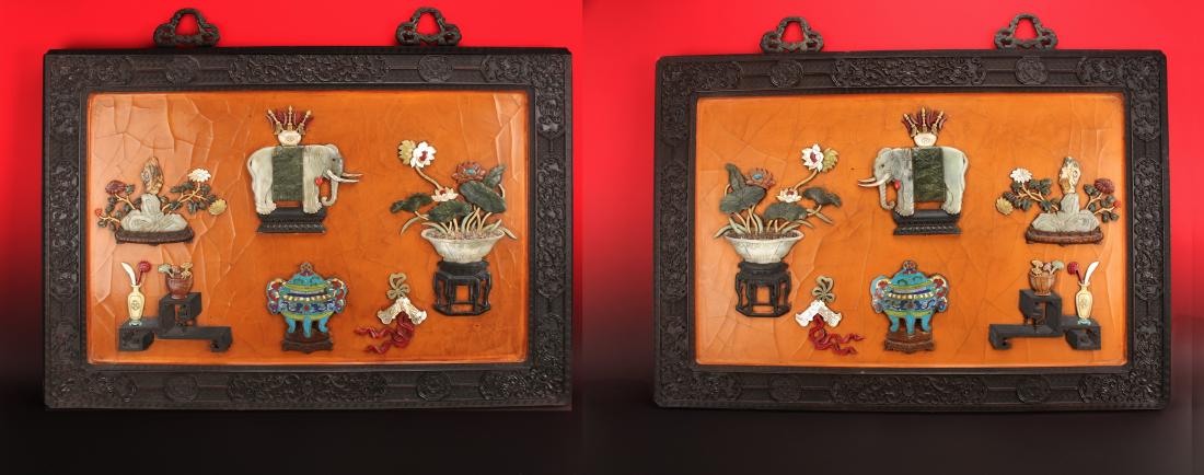 PAIR OF LACQUER, STONE, & ENAMEL APPLIQUE PLAQUES (1 of 10)