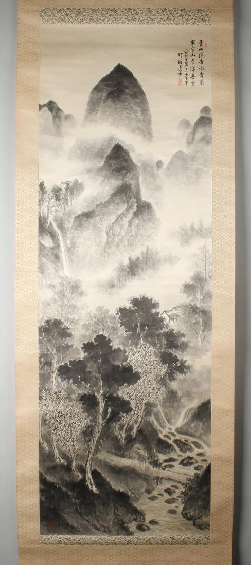 SCROLL IN GRISAILLE OF MOUNTAINS: SCROLL IN GRISAILLE OF MOUNTAINS : A mountainous landscape is in grisaille. And elderly fisherman crosses a bridge over a rocky stream. Calligraphy and artist mark on upper right, mark on lower left. 