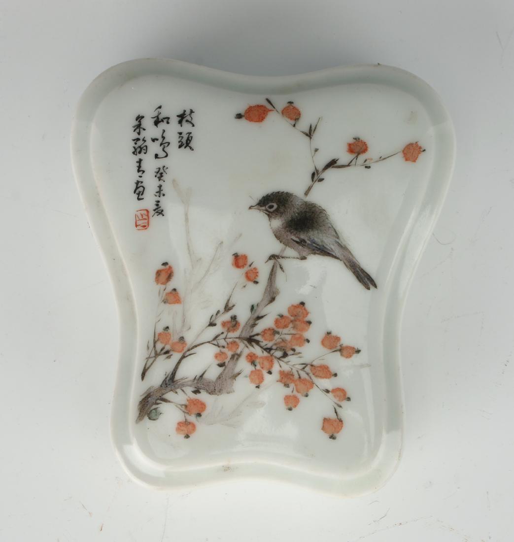 INKSTONE WITH FLOWERS AND BIRDS: INKSTONE WITH FLOWERS AND BIRDS: Flowers and birds decorate this inkstone. Calligraphy and artist marks are on the top. Marked on the bottom. 3 1/4" X 3 1/2"