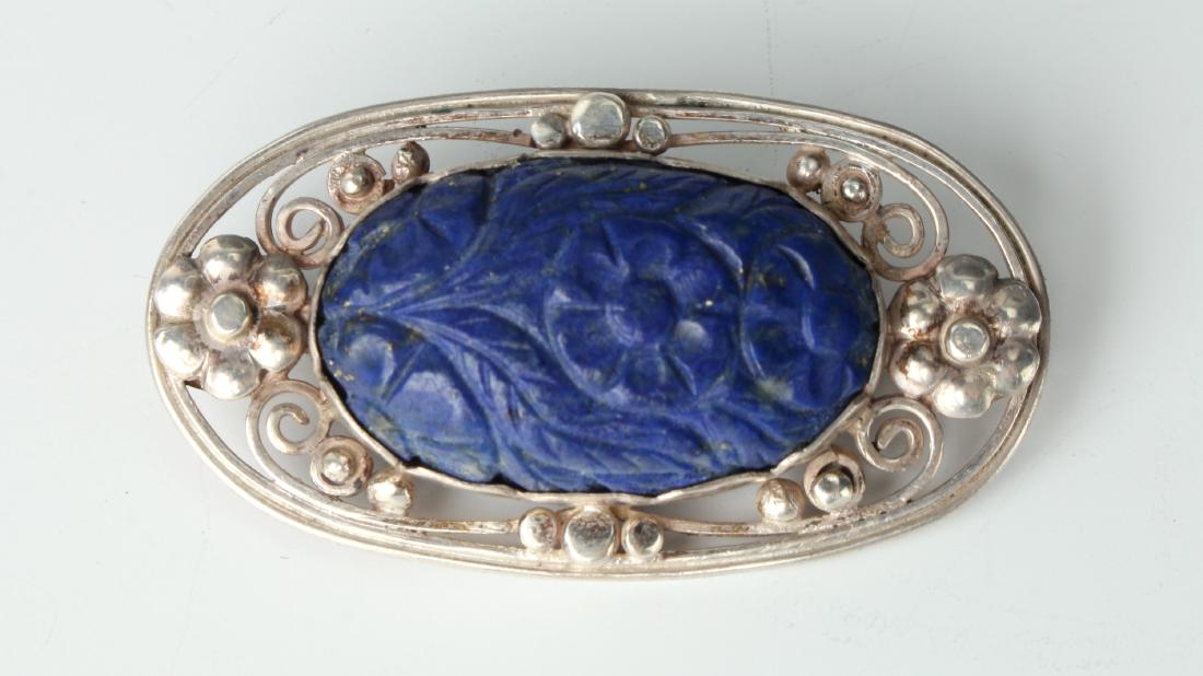 CHINESE LAPIS & SILVER BROOCH PIN (1 of 3)