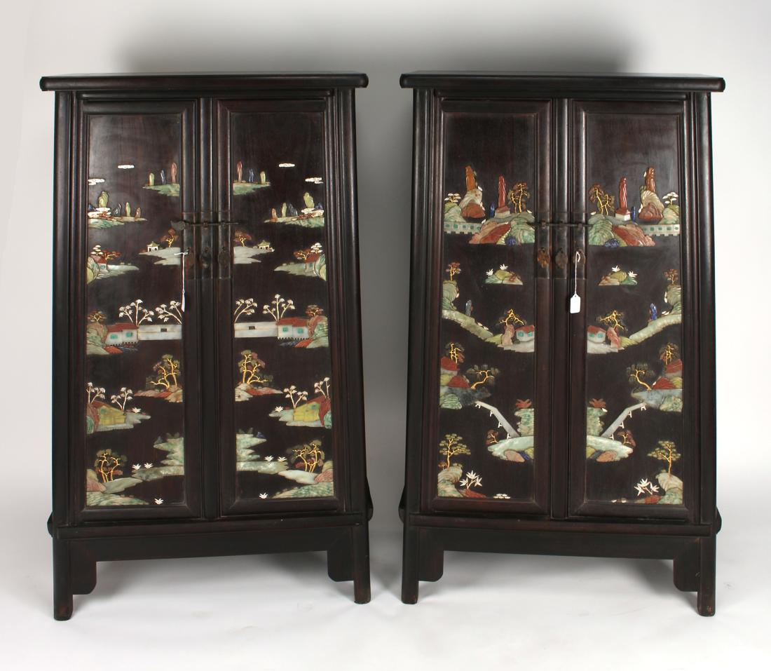 PAIR OF QING ZITAN & SEMIPRECIOUS STONE CABINETS (1 of 10)
