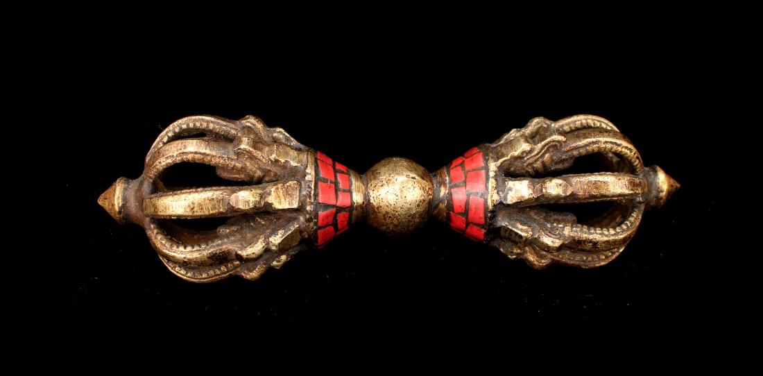 TIBETAN VAJRA WITH RED INLAID STONES (1 of 4)