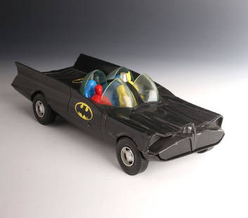 ORIGINAL SERIES BATMOBILE W BATMAN & ROBIN: ORIGINAL SERIES BATMOBILE W BATMAN &amp; ROBIN: Copyright DC Comics, made by Duncan. Includes Batman and Robin seated inside.  8 1/2&quot; X 3 1/4&quot; $200 - $400<