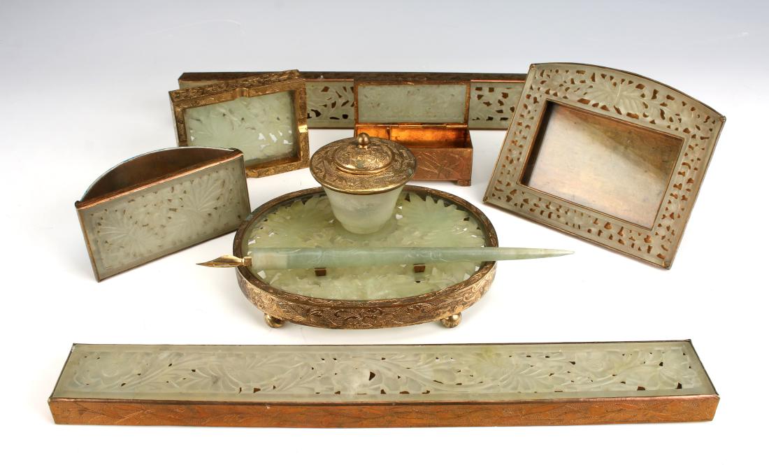 EIGHT PIECE CHINESE JADE & BRASS DESK SET (1 of 10)