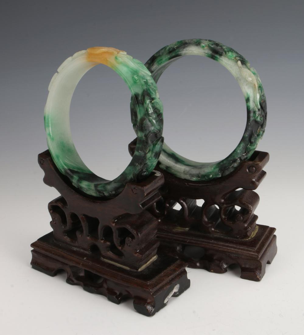 PAIR CARVED GREEN JADE BANGLES (1 of 6)