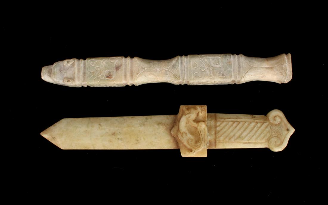 TWO CARVED STONE CEREMONIAL DAGGER FORMS (1 of 8)