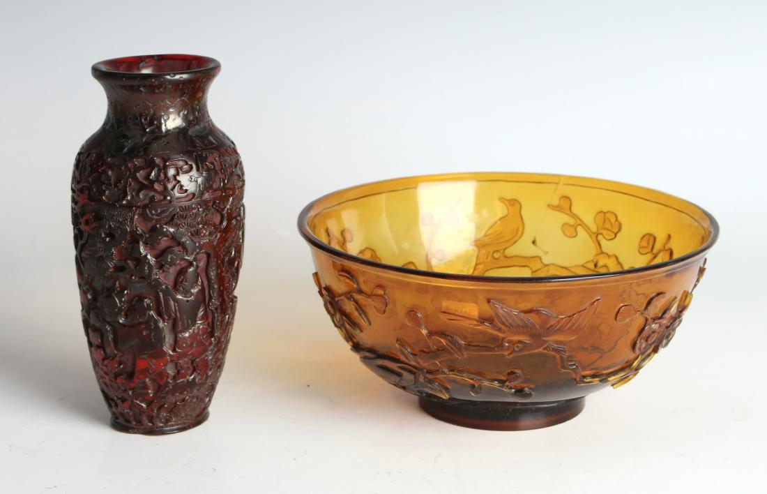 DARK RED AMBER COLORED VASE & PEKING GLASS BOWL (1 of 6)