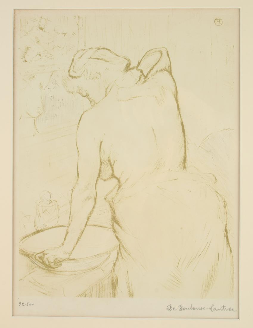 SIGNED "DE TOULOUS-LAUTREC" NUMBERED PRINT: SIGNED "DE TOULOUS-LAUTREC" NUMBERED PRINT: Distinctly in the style of Toulous-Lautrec numbered 92/500. A woman is at her toilette. She is draped from her waist down and leans on a basin whi