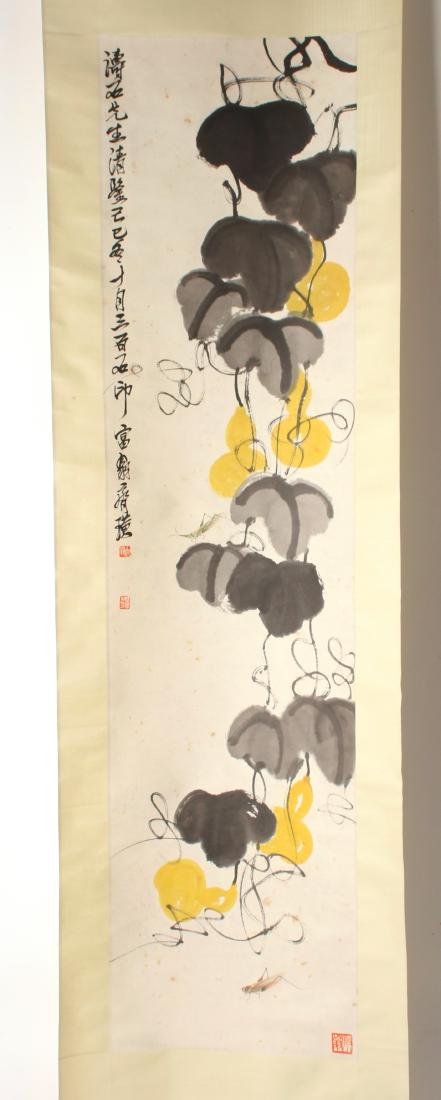 CHINESE WATERCOLOR SCROLL PAINTING OF GOURDS: CHINESE WATERCOLOR SCROLL PAINTING OF GOURDS: in grisaille with yellow gourds hanging from a vine. There is a cricket at the bottom, and one on in the middle. The crickets are painted in a very detail