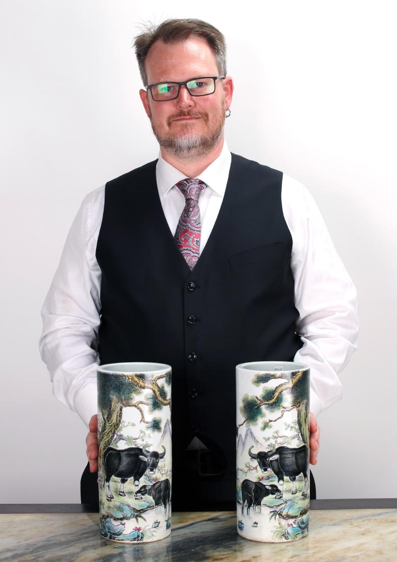 PAIR OF REPUBLIC CYLINDRICAL WATER BUFFALO VASES (1 of 7)