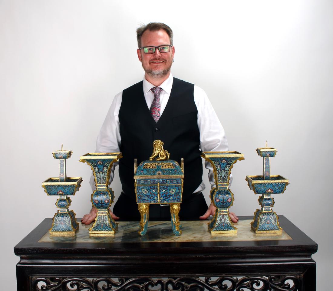 MAGNIFICENT QIANLONG CLOISONNE ALTAR SET: MAGNIFICENT QIANLONG CLOISONNE ALTAR SET: Included is a central censer, pair of vases, and a pair of candlesticks all decorated in archaic forms and cloisonne with gilt bronze. The central censer has 