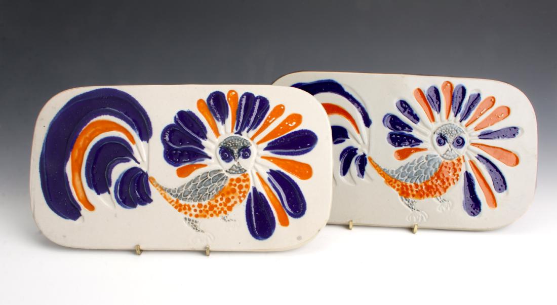 PAIR MID CENTURY BENNINGTON ATOMIC BIRD TILES: PAIR MID CENTURY BENNINGTON ATOMIC BIRD TILES: Pair of pressed tiles glazed in exuberant cobalt, orange and olive green from Bennington Potters by David Gil