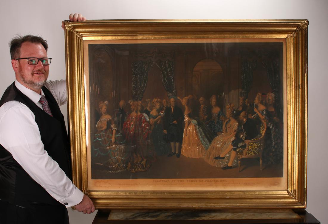 BEN FRANKLIN AT THE COURT OF FRANCE 1778 LITHO: BEN FRANKLIN AT THE COURT OF FRANCE 1778 LITHO: Hand painted lithograph of a painting by Baron Andre Jolly, Bruxelles. Engraved by W. O. Geller, London. "Respectfully dedicated to the people of t