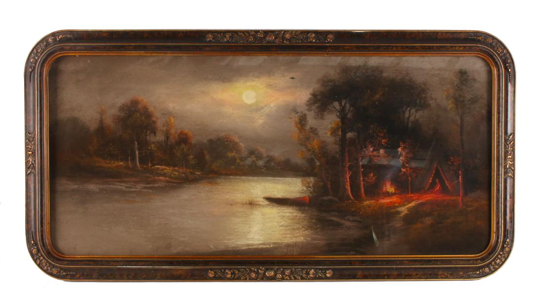 REMARKABLE MOONLIT RIVER SCENE PASTEL C. 1890 (1 of 9)