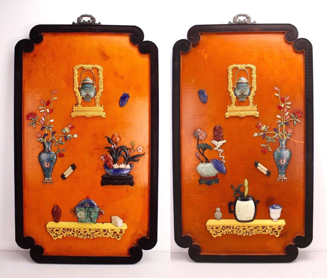 PAIR OF LACQUER AND CLOISONNE WALL PANELS (1 of 10)