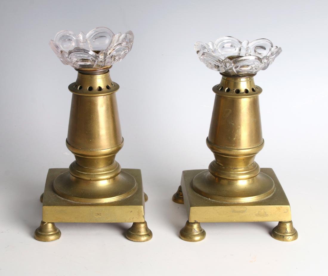 PAIR ANTIQUE BRASS CANDLESTICK STYLE OIL LAMPS (1 of 5)