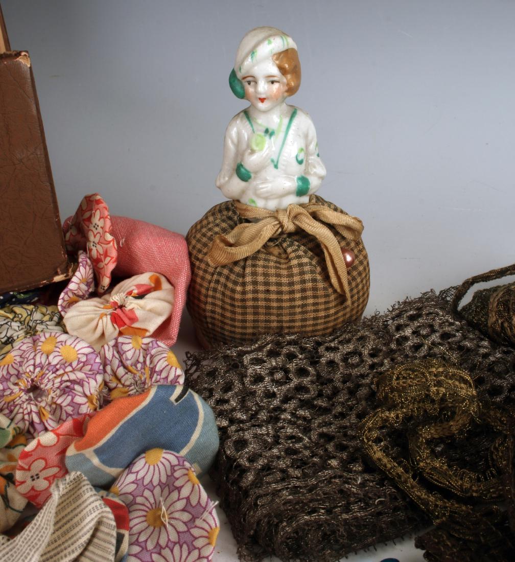 VINTAGE DOLL PIN CUSHION, TRIM & QUILT PIECES (1 of 5)