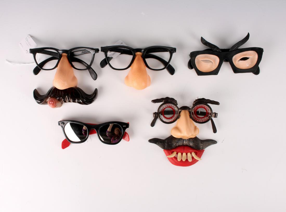 VINTAGE 60S NOSE & GLASSES MASKS: VINTAGE 60S NOSE & GLASSES MASKS : Three nose and glasses, one pair of glasses with slanted eyes, one pair of sunglasses. Two are marked Top Stone. 5" $40
