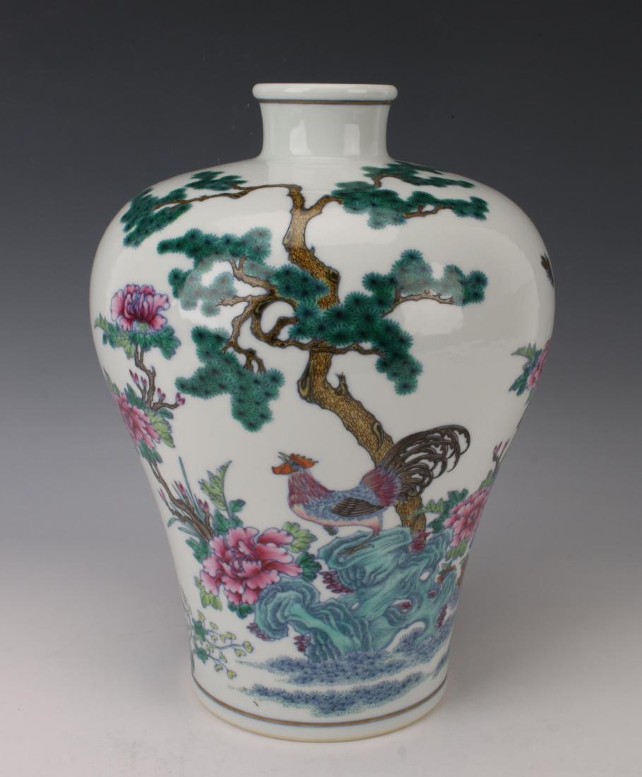 MEIPING VASE WITH ROOSTERS: MEIPING VASE WITH ROOSTERS: A rooster vase with bright pinks and greens. The roosters are in a garden standing on a turquoise boulder under a pine tree near flowering pink peonies. On the other side t