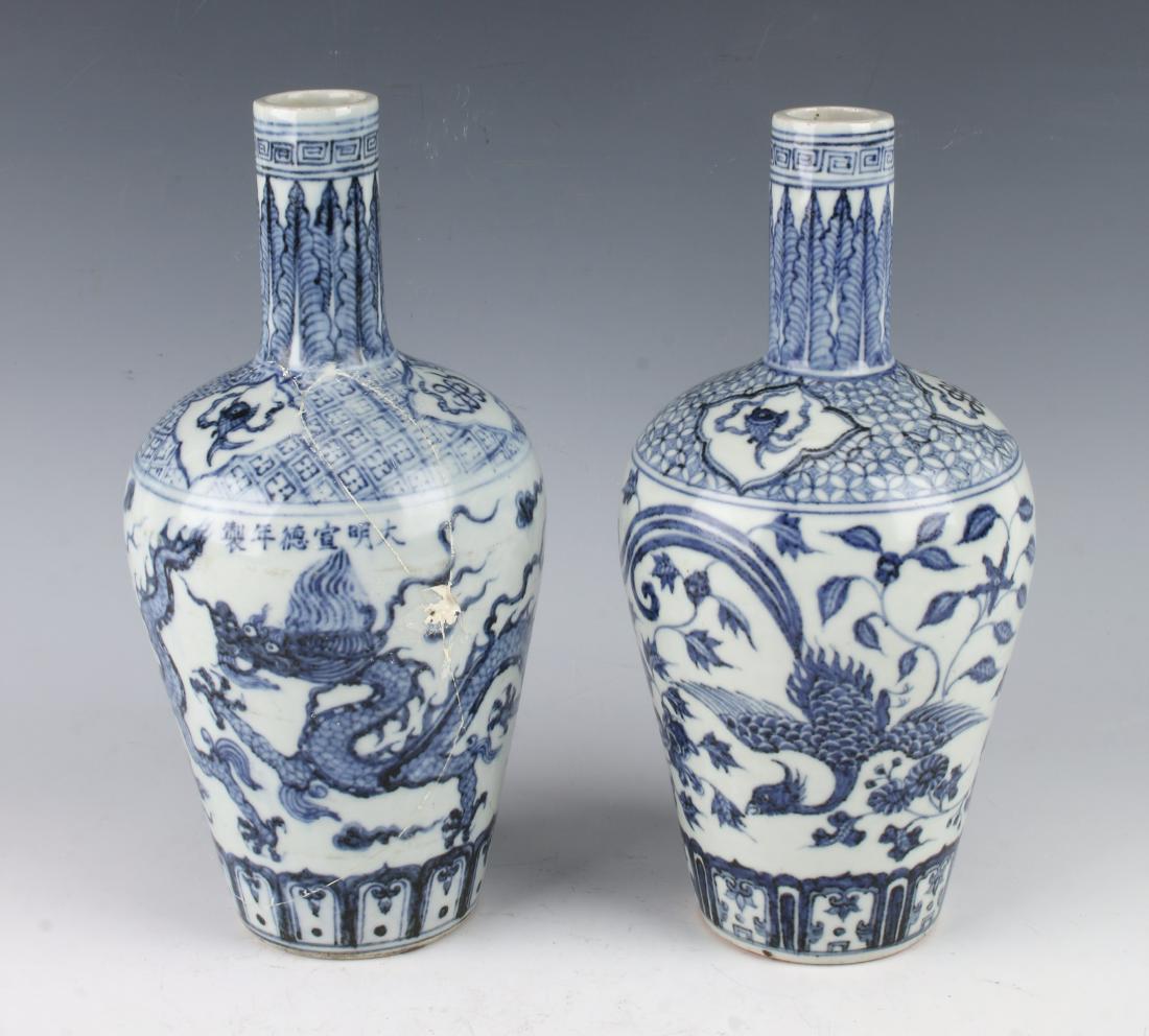 PAIR OF BLUE & WHITE VASES WITH DRAGONS & PHOENIX (1 of 5)