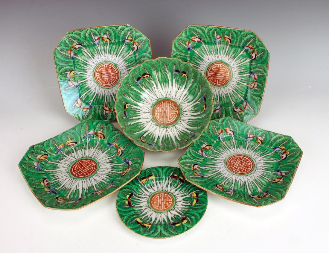 6 PIECES CHINESE EXPORT CABBAGE LEAF DISHES (1 of 8)