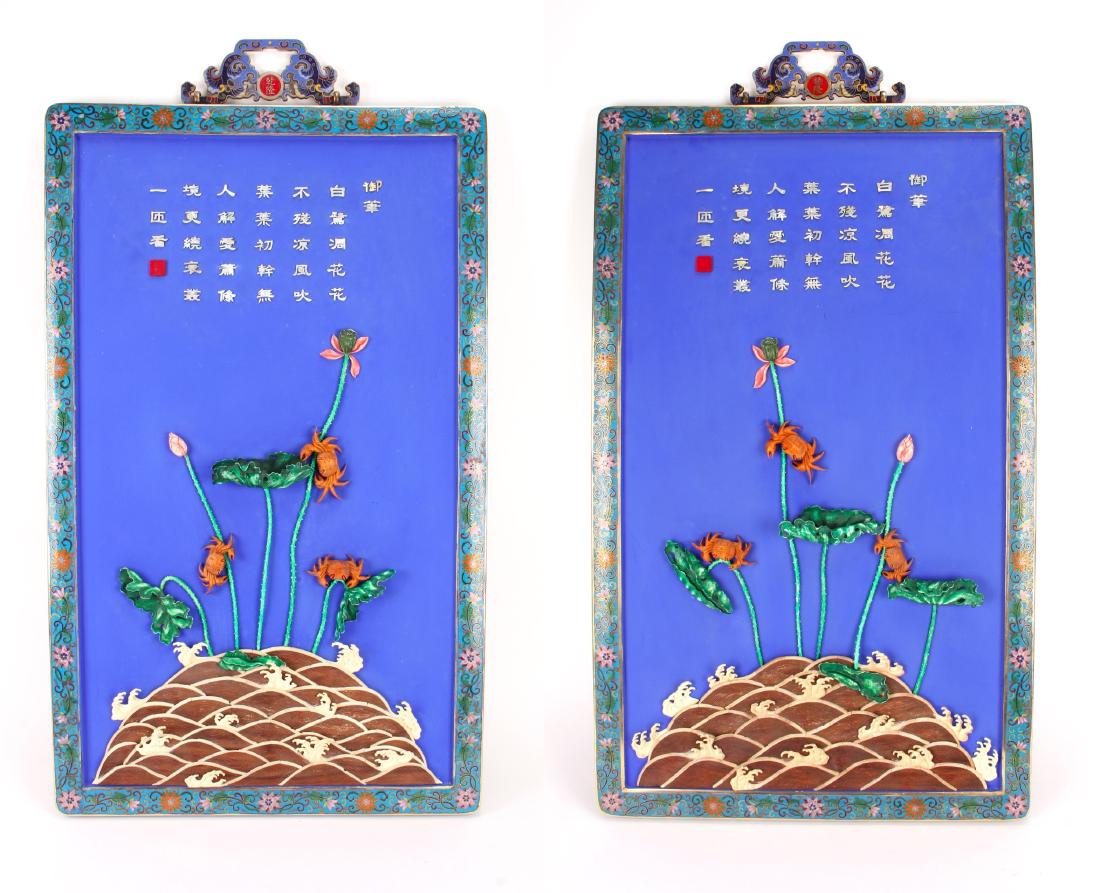PAIR OF MIRROR CLOISONNE & HARDSTONE PANELS (1 of 10)