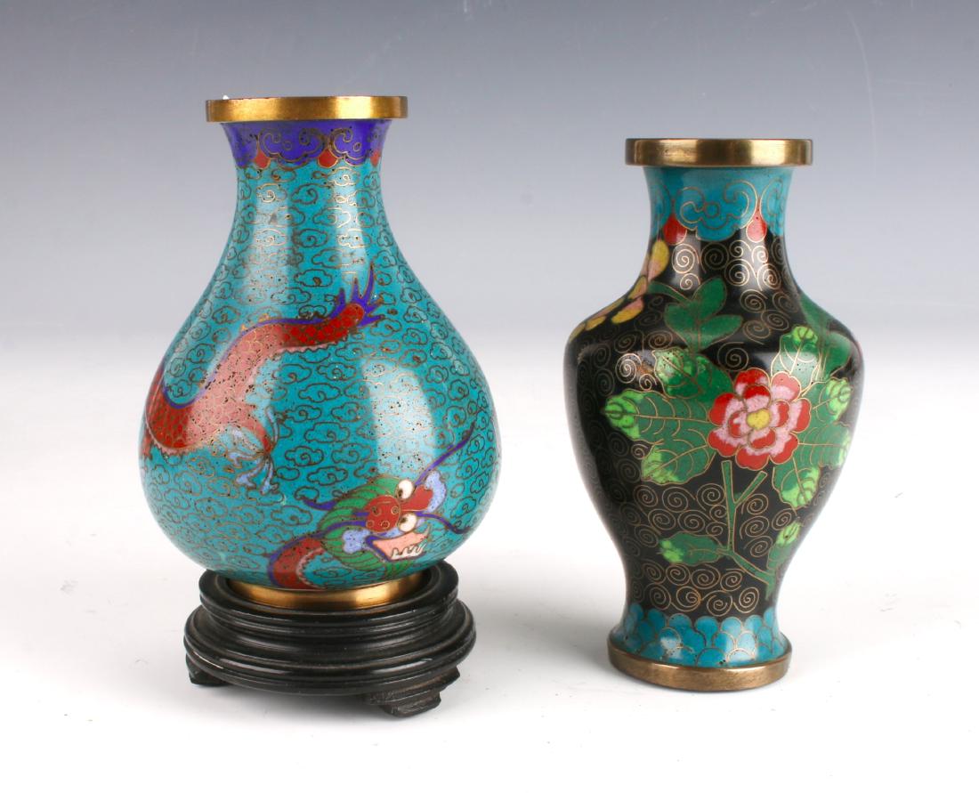TWO SMALL CLOISONNE VASES OF FLOWERS & DRAGON (1 of 8)