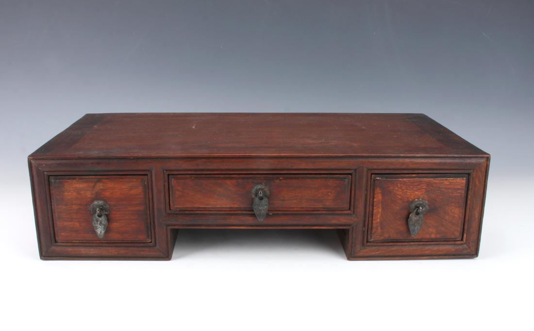 HUANGHUALI STEPPED DRAWER: HUANGHUALI STEPPED DRAWER: Three drawers with brass leaf pulls. Defined side and back panels. 16 1/2" X 8 3/4" X 4" $500 - $800 Shipping:</